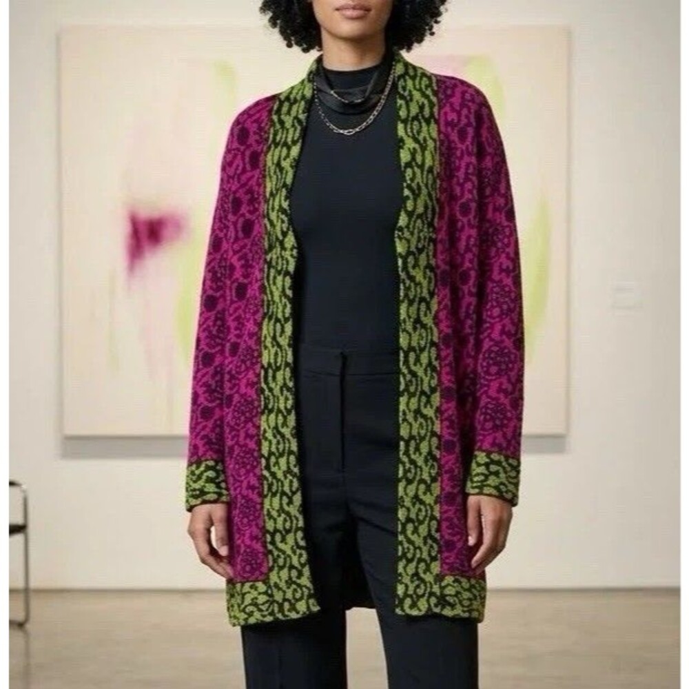 VTG 90s Dia Wool Rayon Duster Cardigan Women Small Pink Green Floral Y2K Grunge